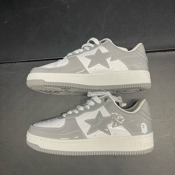 Bape Shoes - BAPE Sta Low Gray Patent Sneakers – White / Gray – Streetwear Shoes